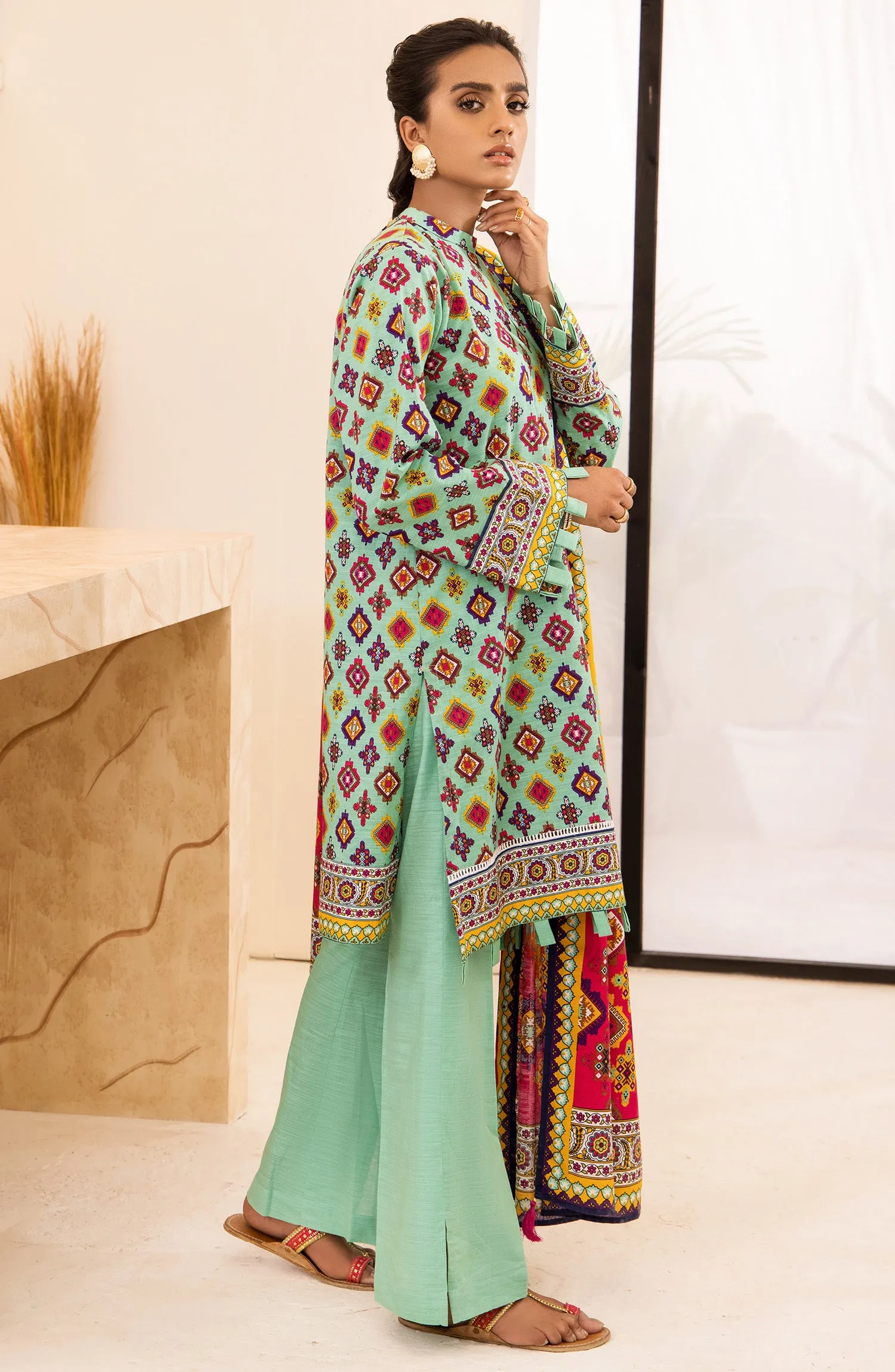 Unstitched 3 Piece Printed Khaddar Shirt, Pant and Khaddar Shawl Dupatta (OTL-21-292/U TEAL)