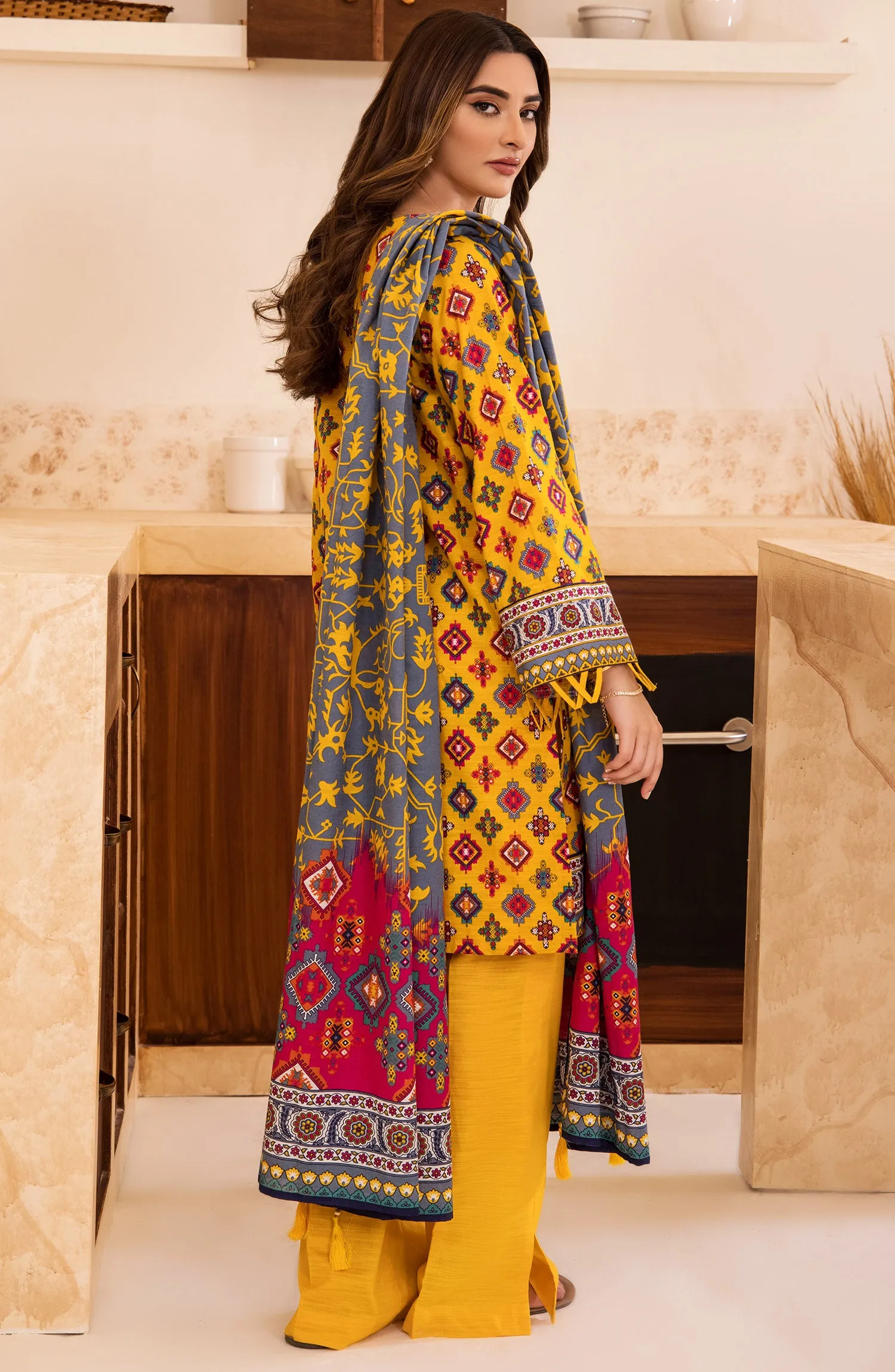 Unstitched 3 Piece Printed Khaddar Shirt, Pant and Khaddar Shawl Dupatta (OTL-21-292/U YELLOW)