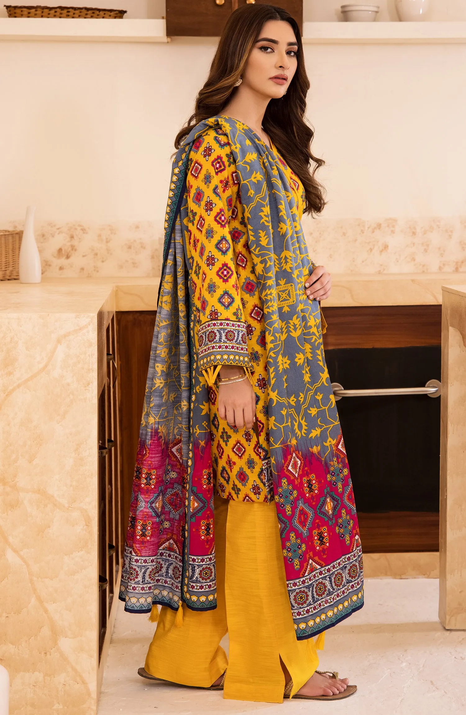 Unstitched 3 Piece Printed Khaddar Shirt, Pant and Khaddar Shawl Dupatta (OTL-21-292/U YELLOW)
