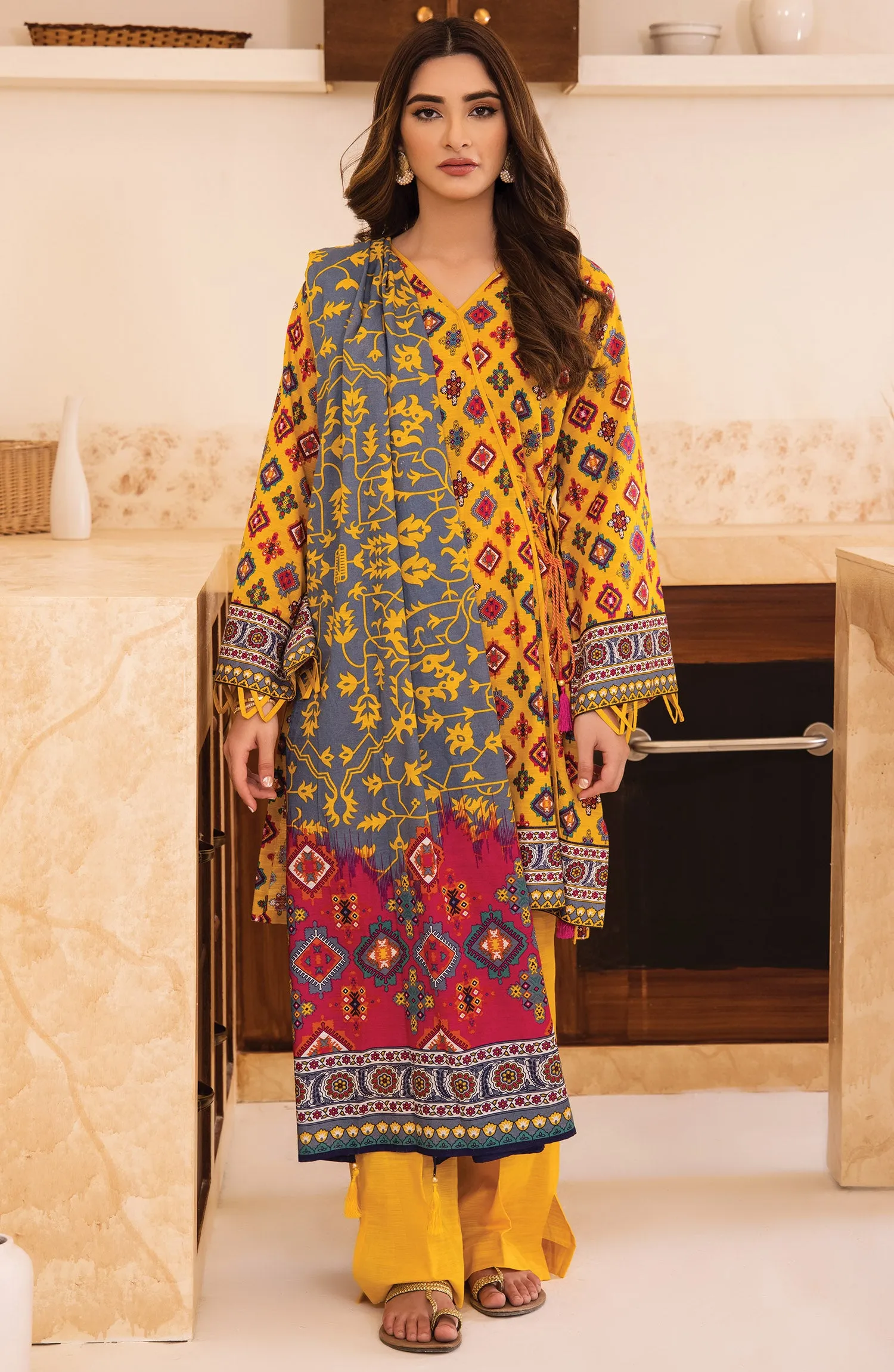 Unstitched 3 Piece Printed Khaddar Shirt, Pant and Khaddar Shawl Dupatta (OTL-21-292/U YELLOW)