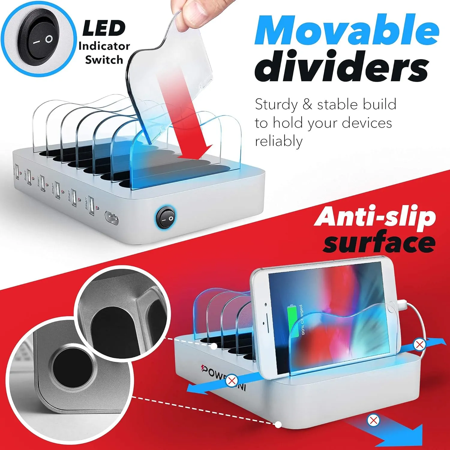 USB Charging Dock - 6-Port - Fast Charging Station for Multiple Devices Apple - Multi Device Charger Station - Charging Station - for Apple iPad iPhone and Android Cell Phone and Tablet