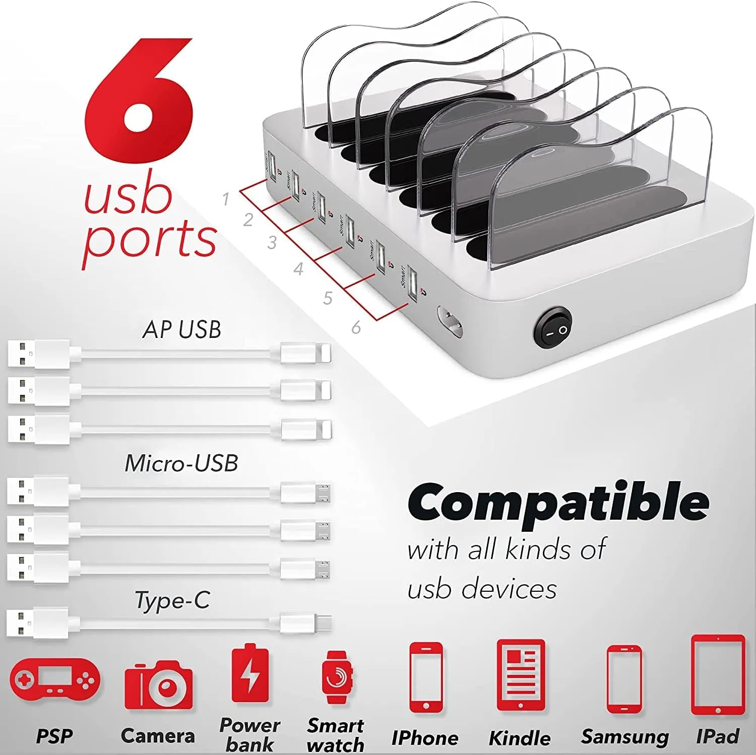 USB Charging Dock - 6-Port - Fast Charging Station for Multiple Devices Apple - Multi Device Charger Station - Charging Station - for Apple iPad iPhone and Android Cell Phone and Tablet