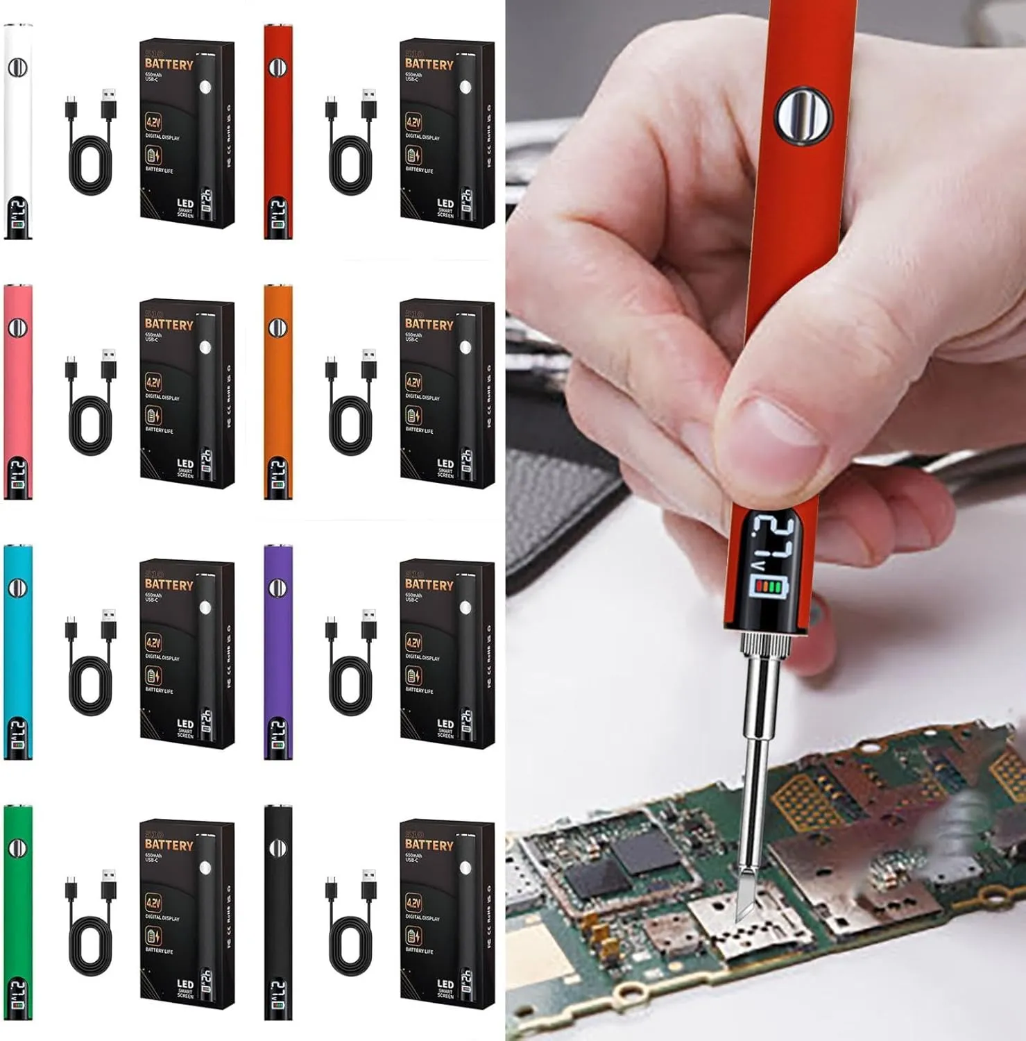 USB Rechargeable 650mAh Cordless Soldering Pen With LED Digital Display Adjustable Temperature 510 Threaded Battery Design For Home Appliance Electronic Kit With Connectors Charging Function (Green)