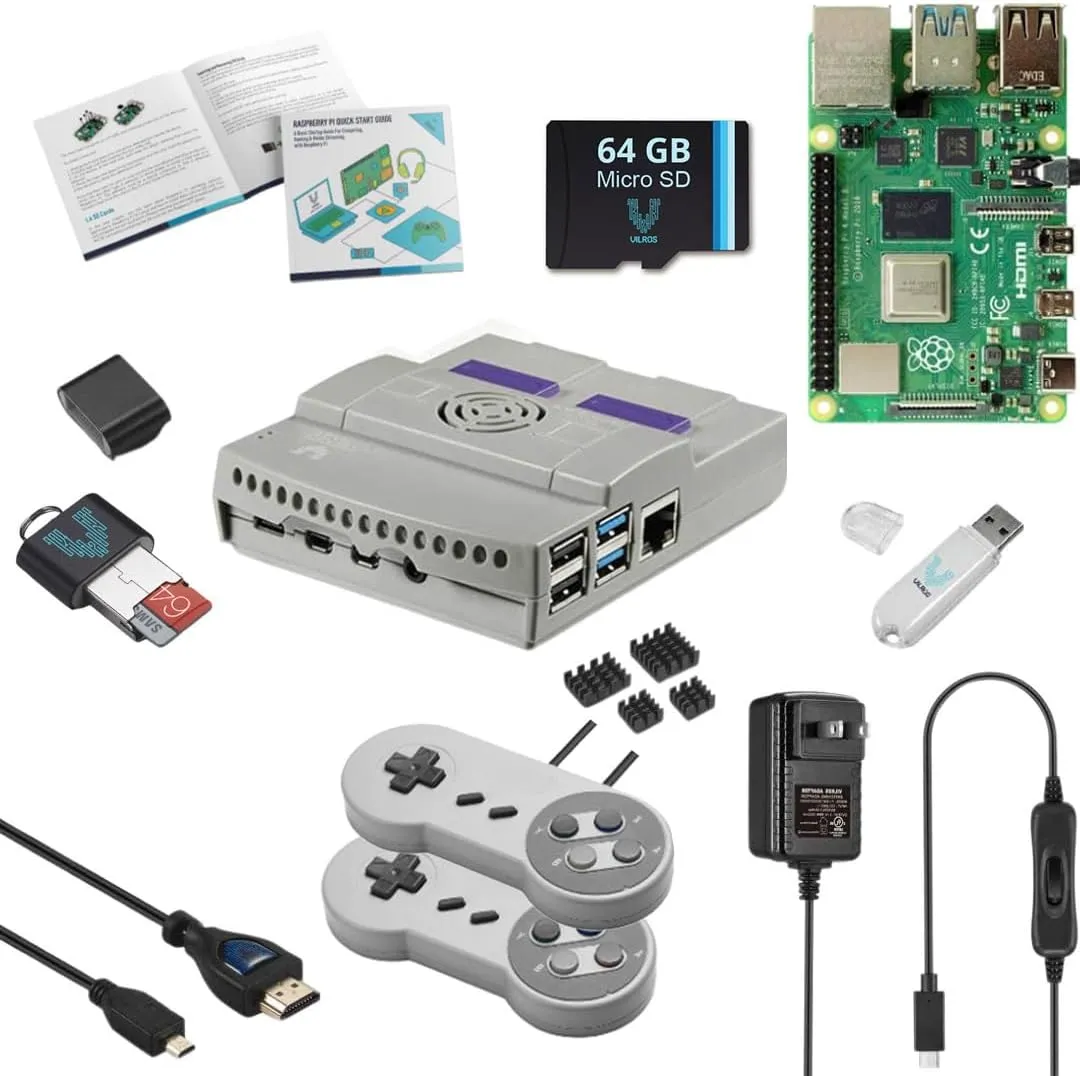 Vilros Raspberry Pi 4 4GB Retro Gaming Kit with 2 USB Gamepad Controllers & Gaming Style Case, 64GB Micro SD Card, HDMI Cable, Power Supply, and Quickstart Guide (Retro Game System)
