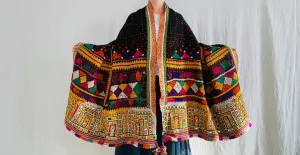 Vintage Rabari Wool Shawl & Throw. Mirror Work. Embroidered 0183