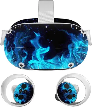 Vinyl Skin Sticker for Oculu Quest 2 VR Headset & Controllers Only, Decal Protect Virtual Reality Set Cover - Blue Flame