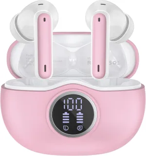 Wireless Earbuds Bluetooth 5.3 Headphones 40 Hrs Playtime with LED Display, Deep Bass and ENC Noise Cancellation Bluetooth Earbuds HD Mics IPX7 Waterproof Ear Bud for iPhone and Andorid Pink