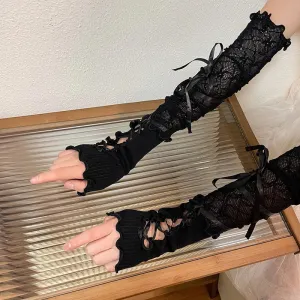 Women Lolita JK Lace Fingerless Gloves - Gothic Strapping Mesh Sunscreen Sleeves