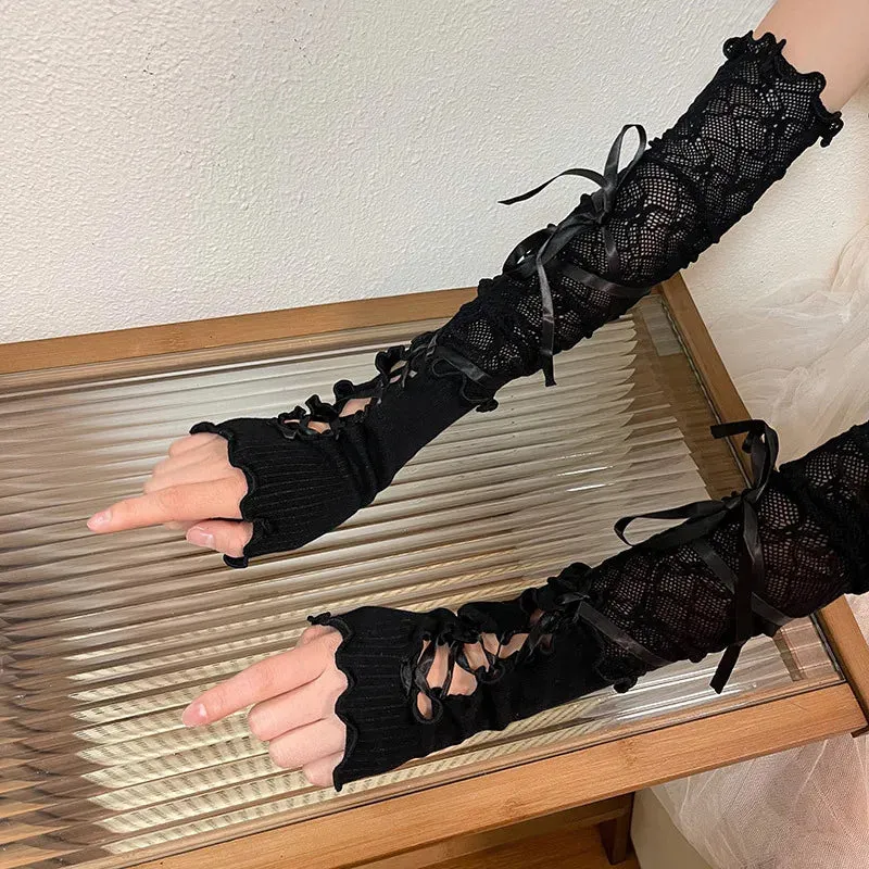 Women Lolita JK Lace Fingerless Gloves - Gothic Strapping Mesh Sunscreen Sleeves