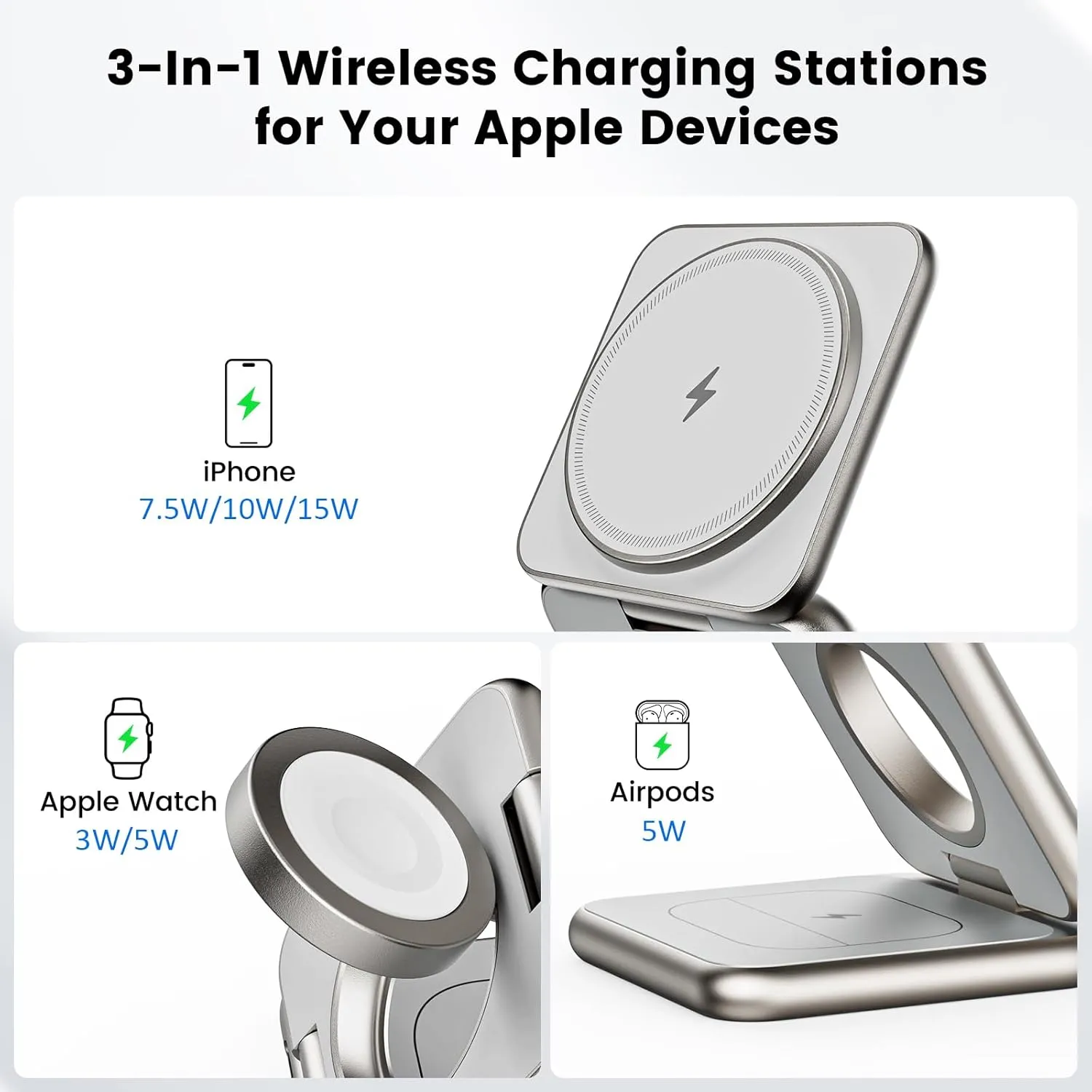X40 Plus 3 in 1 Wireless Charging Station, Foldable Portable Magnetic Wireless Charger for Apple Devices, 15W Fast Charging Stand for iPhone 16 15 14 13 12 Pro Max & Apple Watch, AirPods