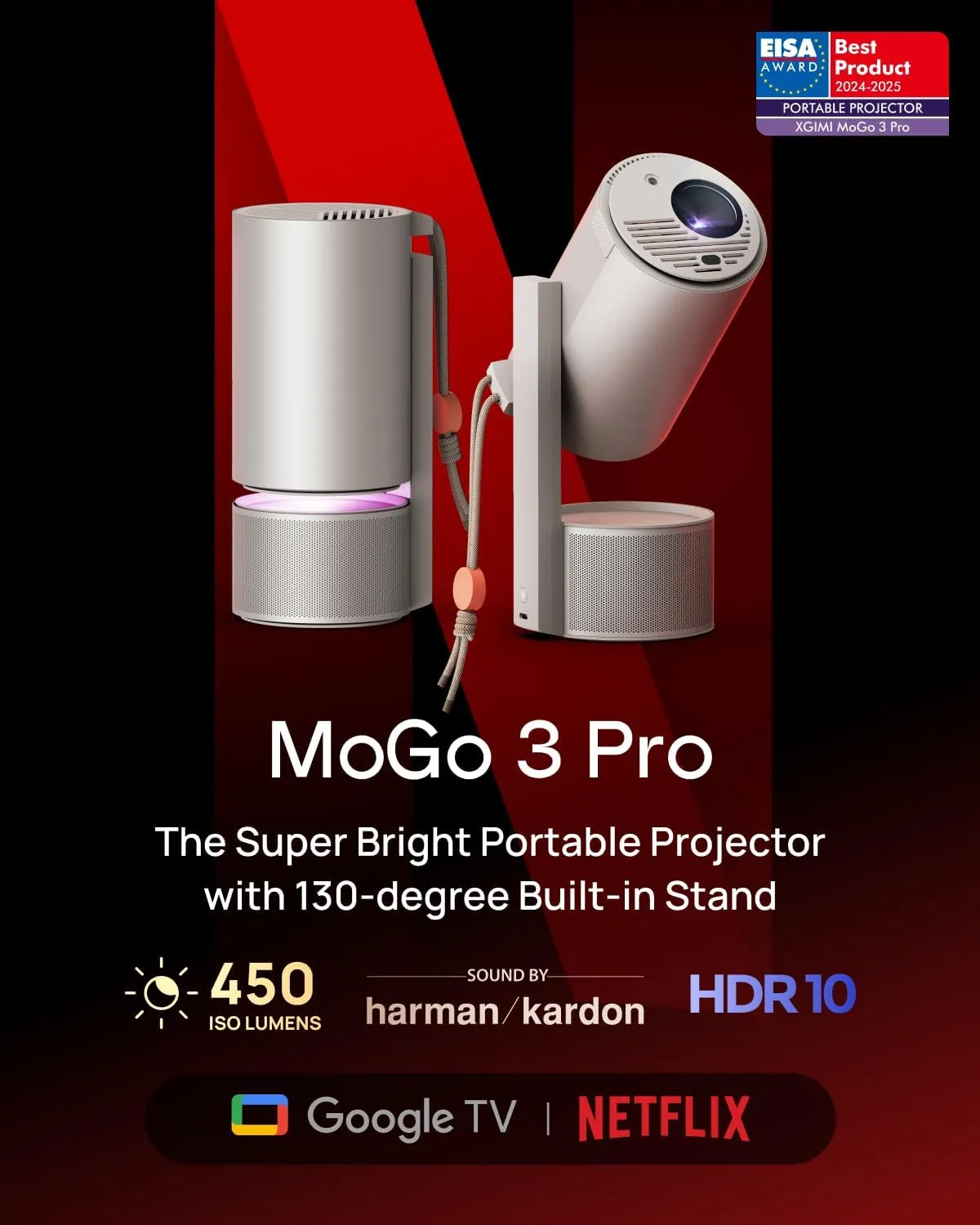 XGIMI MoGo 3 Pro NEW Portable Projector, Google TV with Licensed Netflix, Build-in Adjustable Stand, Mini Projector Supports Power Banks, 450 ISO Lumens, ISA 2.0, 2 x 5W Harman Kardon