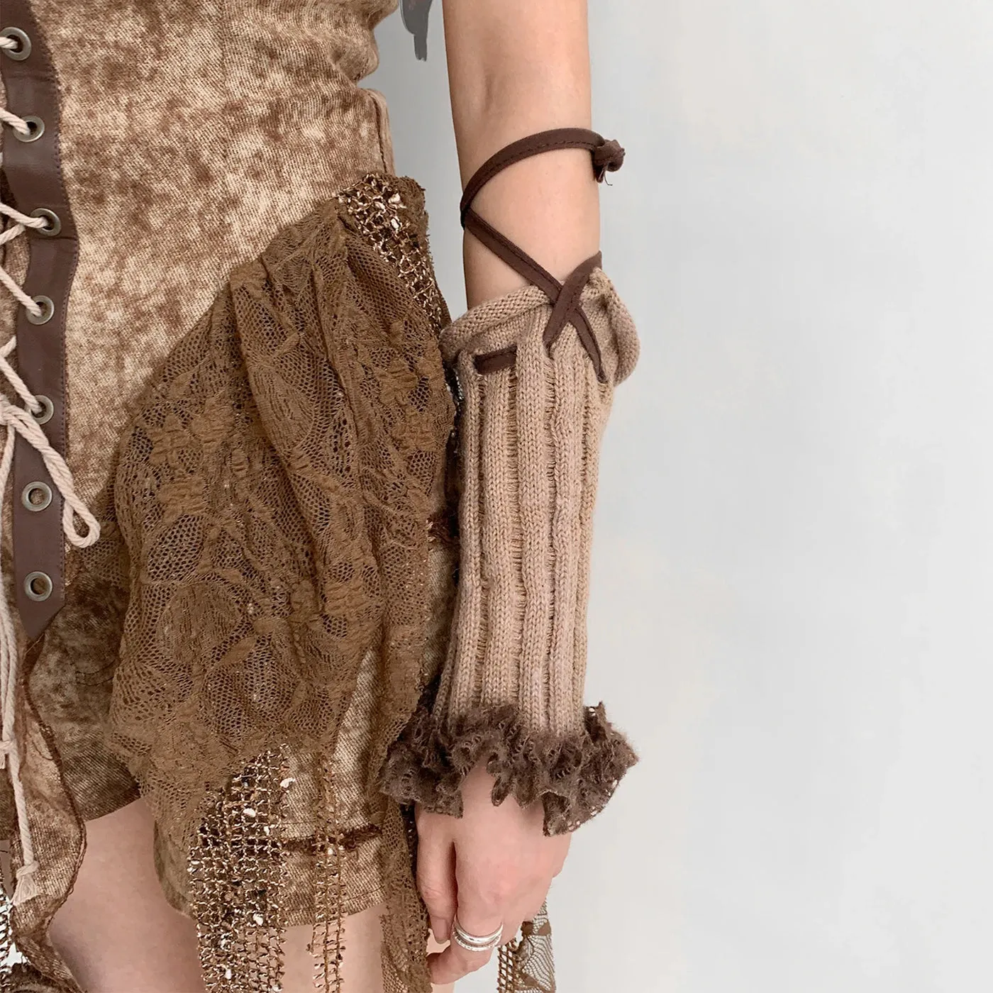 Y2K Lace Knit Fingerless Gloves with Tied Cuffs  Punk Womens Strap Hand Sleeves, Gothic Lolita & JK Style Accessories
