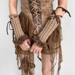 Y2K Lace Knit Fingerless Gloves with Tied Cuffs  Punk Womens Strap Hand Sleeves, Gothic Lolita & JK Style Accessories