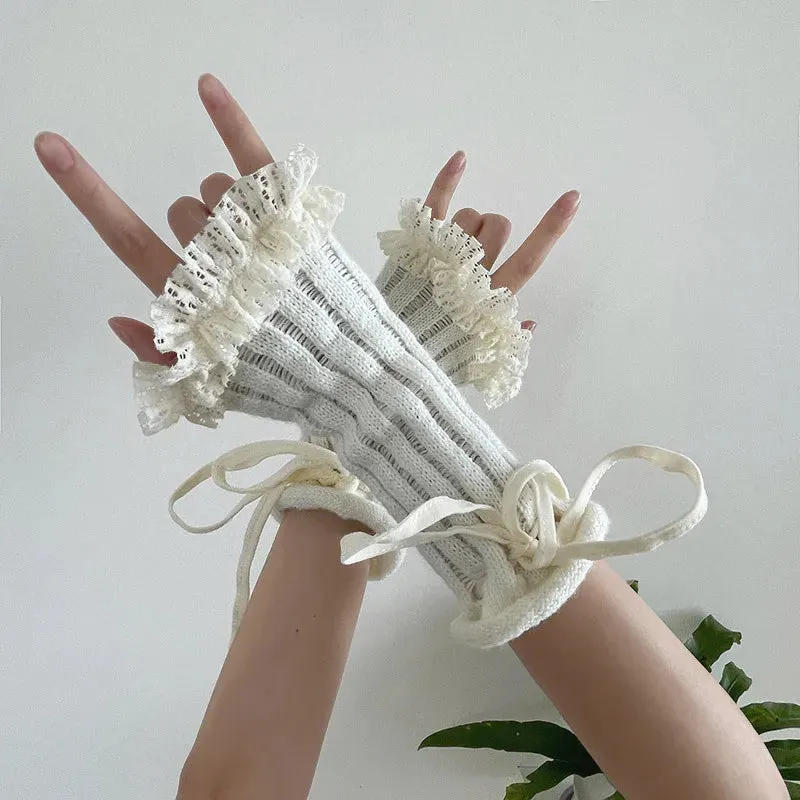 Y2K Lace Knit Fingerless Gloves with Tied Cuffs  Punk Womens Strap Hand Sleeves, Gothic Lolita & JK Style Accessories