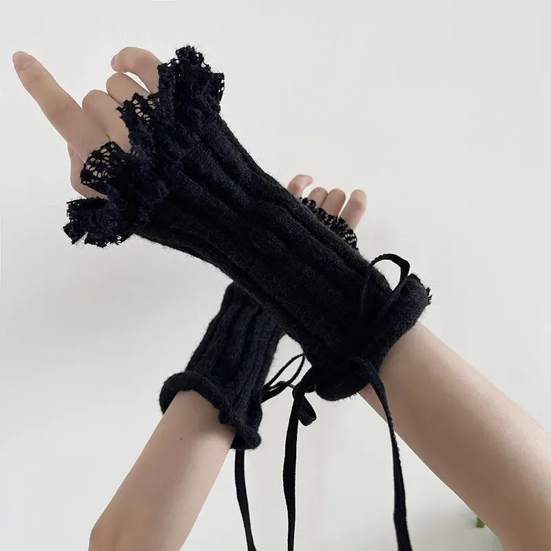 Y2K Lace Knit Fingerless Gloves with Tied Cuffs  Punk Womens Strap Hand Sleeves, Gothic Lolita & JK Style Accessories