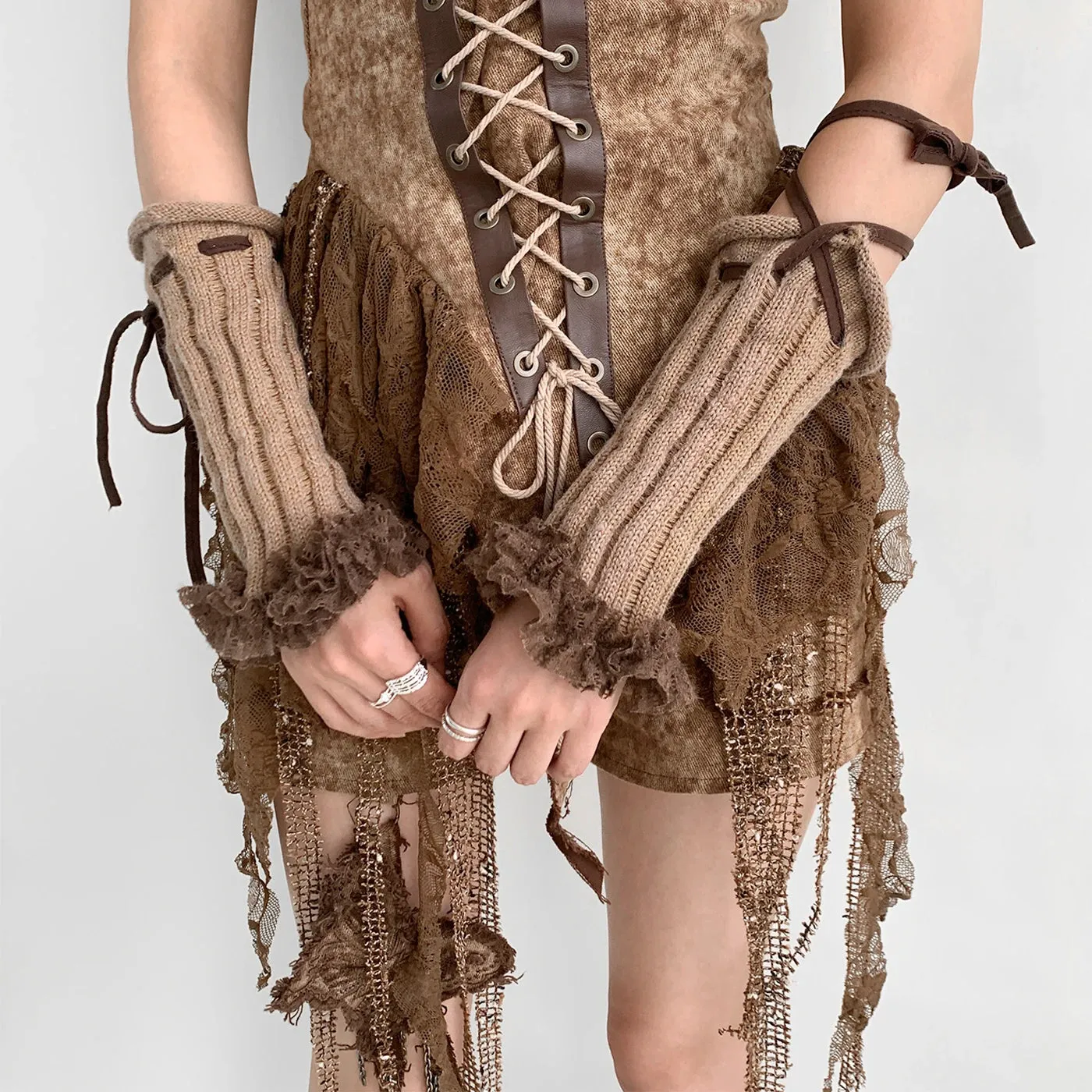 Y2K Lace Knit Fingerless Gloves with Tied Cuffs  Punk Womens Strap Hand Sleeves, Gothic Lolita & JK Style Accessories