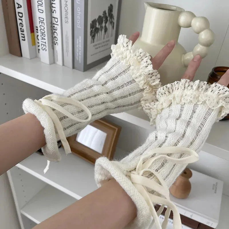 Y2K Lace Knit Fingerless Gloves with Tied Cuffs  Punk Womens Strap Hand Sleeves, Gothic Lolita & JK Style Accessories