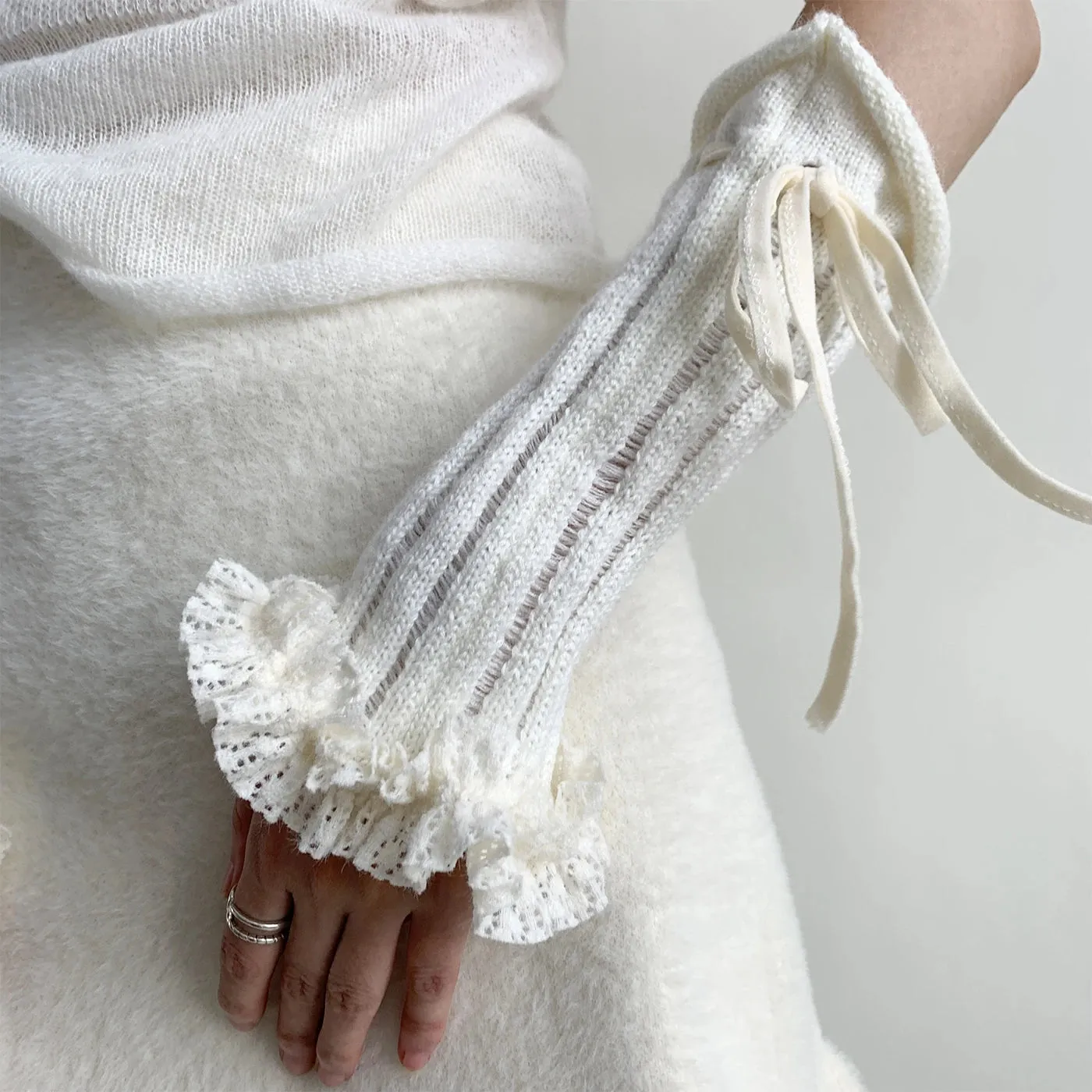 Y2K Lace Knit Fingerless Gloves with Tied Cuffs  Punk Womens Strap Hand Sleeves, Gothic Lolita & JK Style Accessories