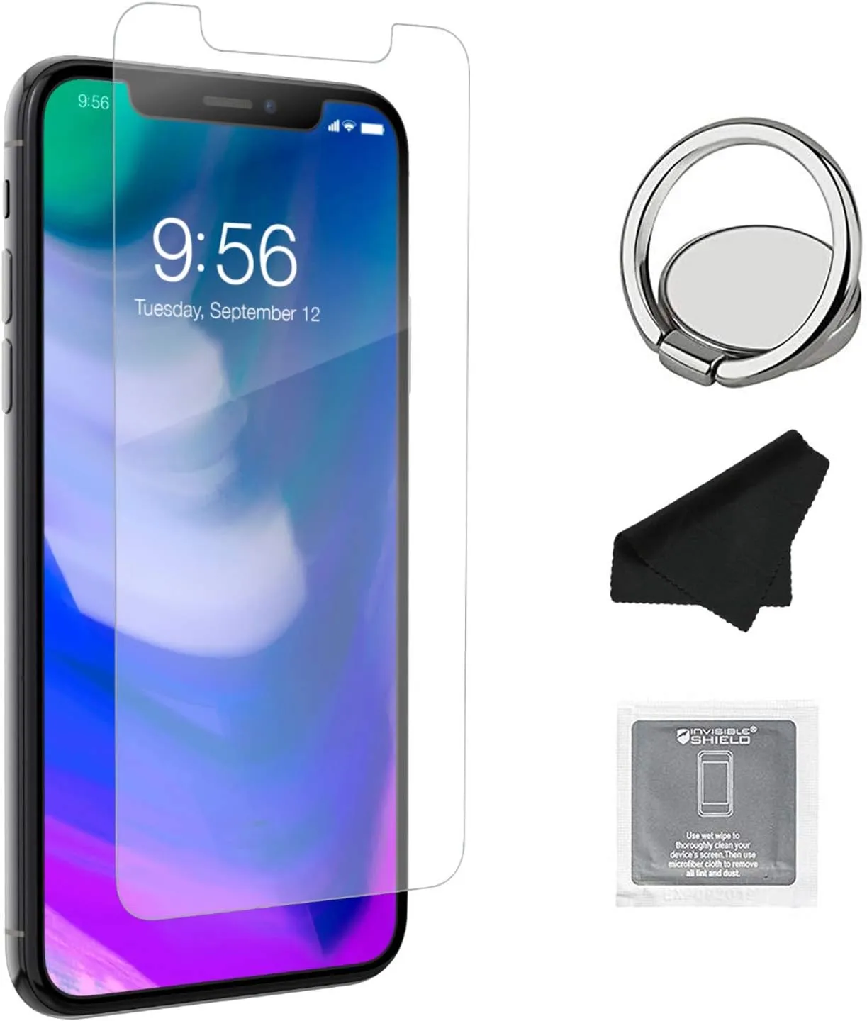 ZAGG InvisibleShield Glass  Screen Protector  HD Tempered Glass for iPhone XS/X  Impact & Scratch Protection, Easy to Apply Tools Included   Phone Ring Holder Finger Kickstand - Bundle